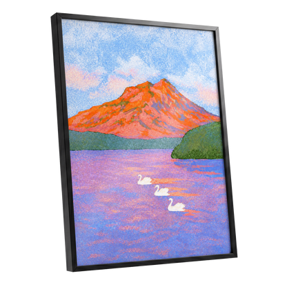 Swans Beneath Coral Peaks, blue, pink, orange nature wall art shown as a black framed poster wall art print
