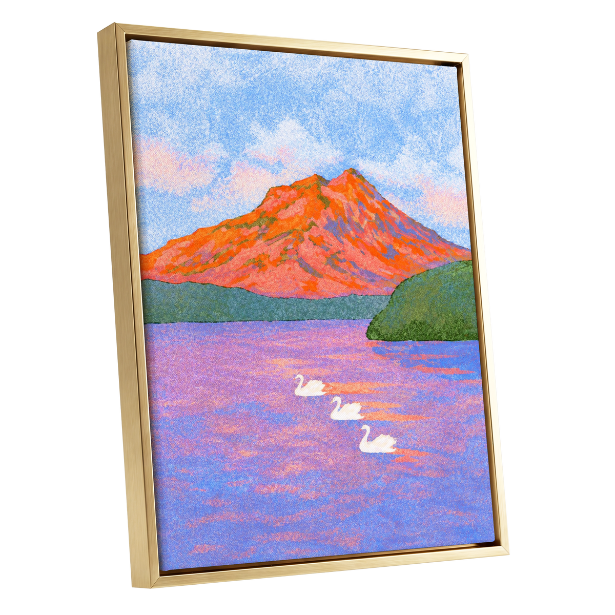 Swans Beneath Coral Peaks, blue, pink, orange nature wall art shown as a gold framed canvas wall art