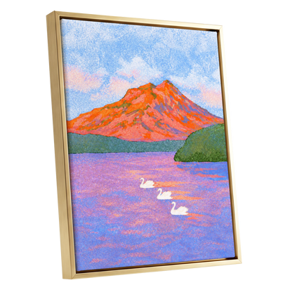 Swans Beneath Coral Peaks, blue, pink, orange nature wall art shown as a gold framed canvas wall art