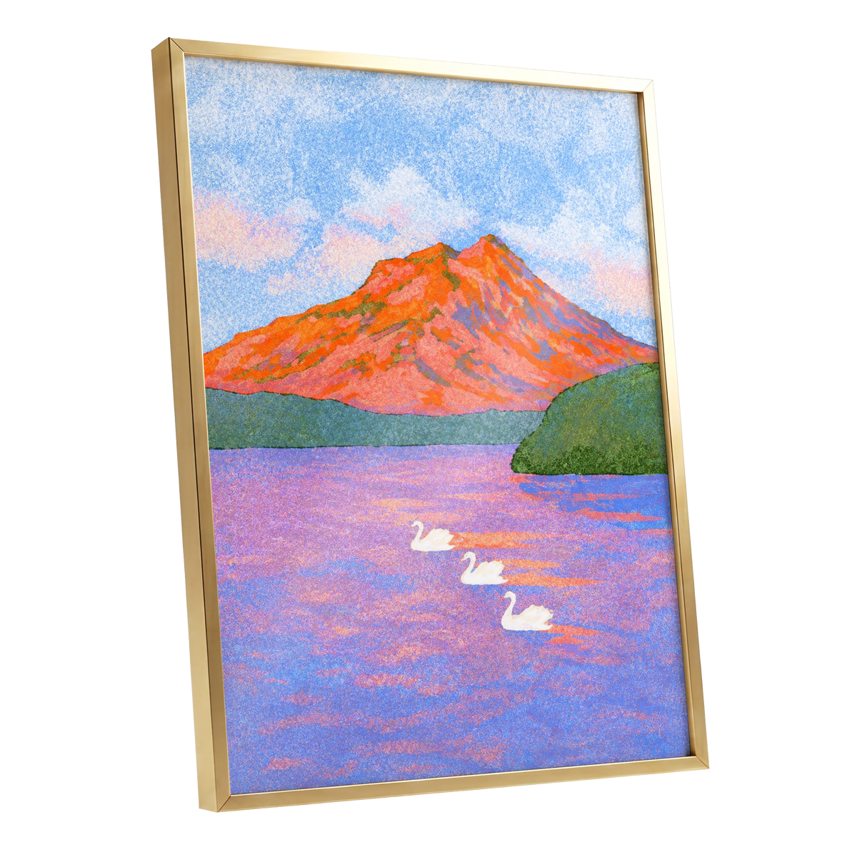 Swans Beneath Coral Peaks, blue, pink, orange nature wall art shown as a gold framed poster wall art print