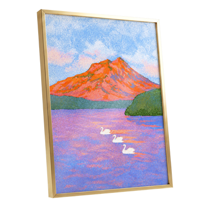 Swans Beneath Coral Peaks, blue, pink, orange nature wall art shown as a gold framed poster wall art print