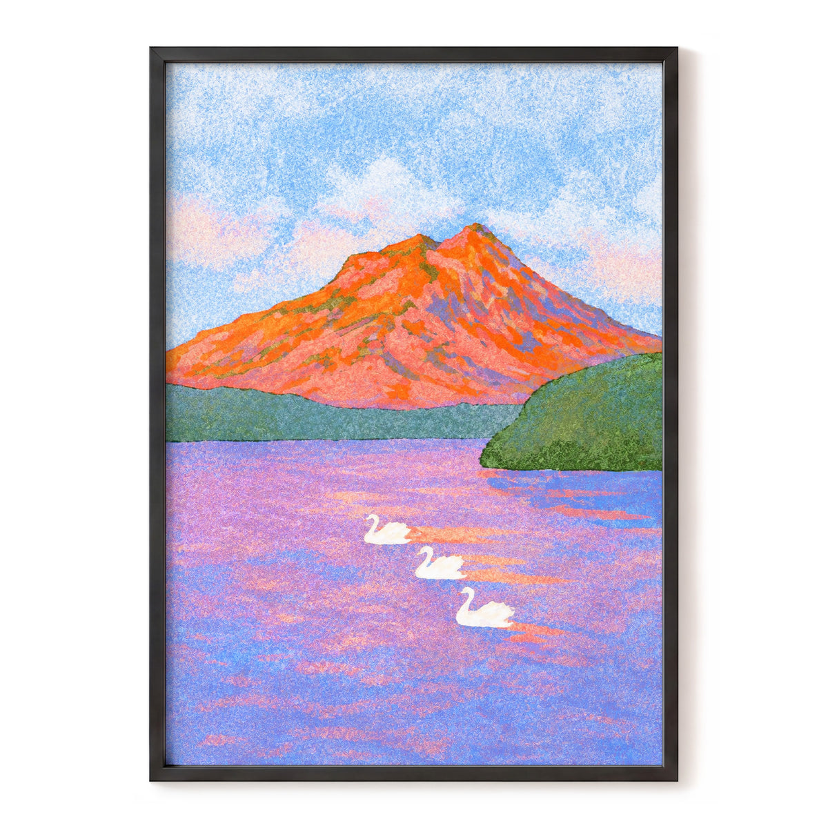 Swans Beneath Coral Peaks, blue, pink, orange nature wall art, front artwork view