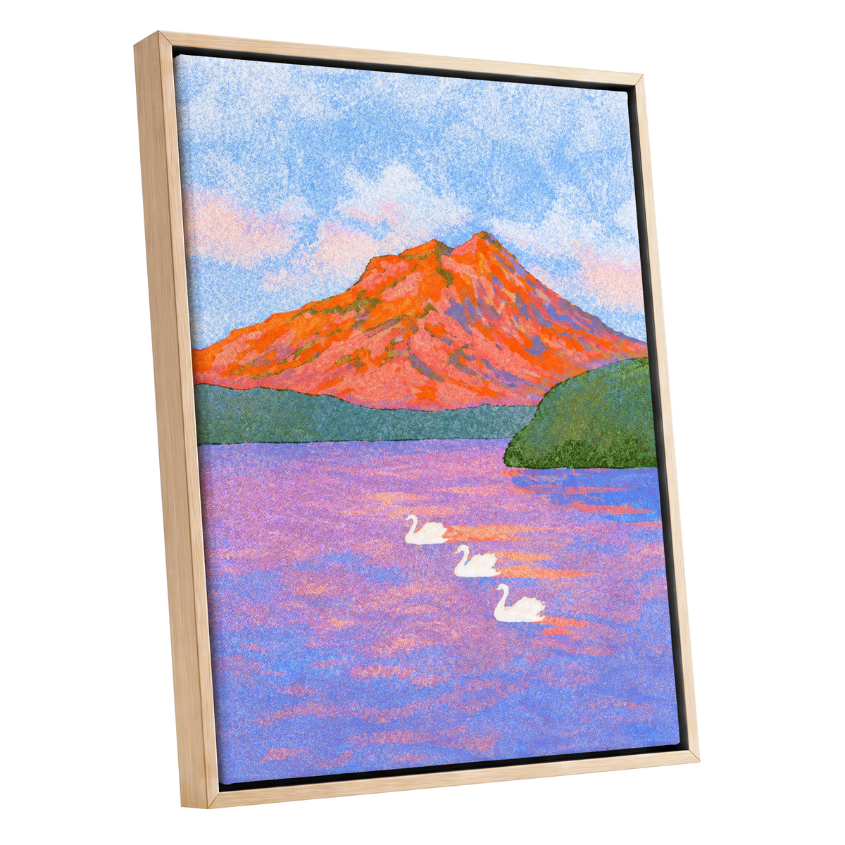 Swans Beneath Coral Peaks, blue, pink, orange nature wall art shown as a oak framed canvas wall art