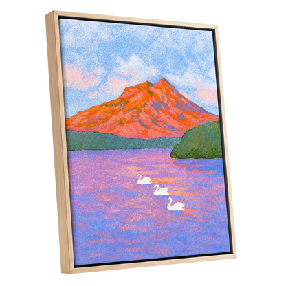 Swans Beneath Coral Peaks, blue, pink, orange nature wall art shown as a oak framed canvas wall art