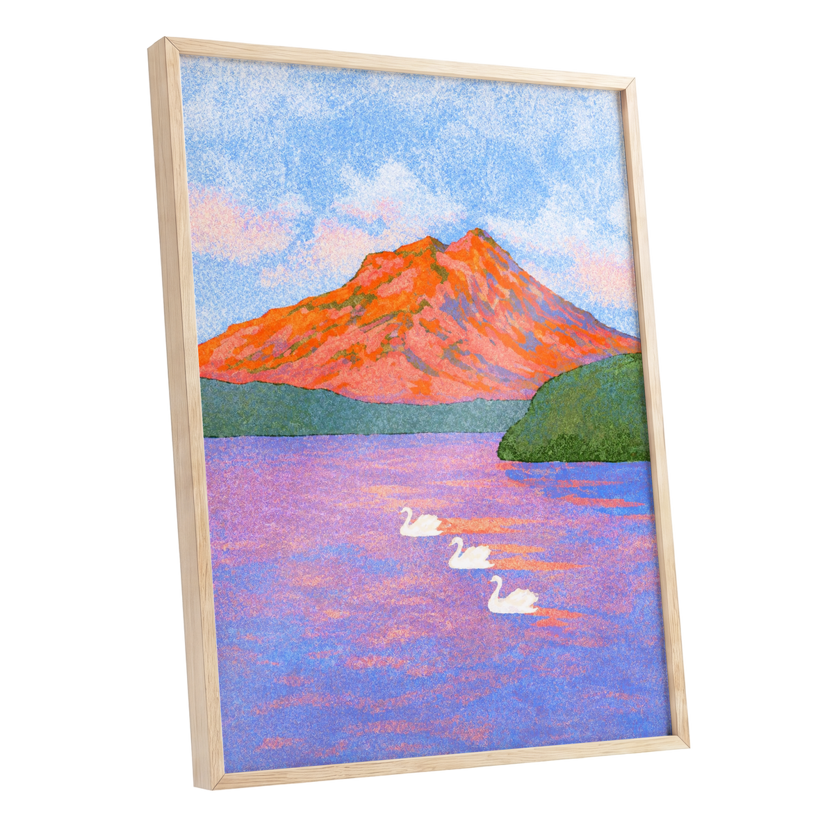 Swans Beneath Coral Peaks, blue, pink, orange nature wall art shown as a oak framed poster wall art print