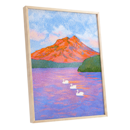 Swans Beneath Coral Peaks, blue, pink, orange nature wall art shown as a oak framed poster wall art print