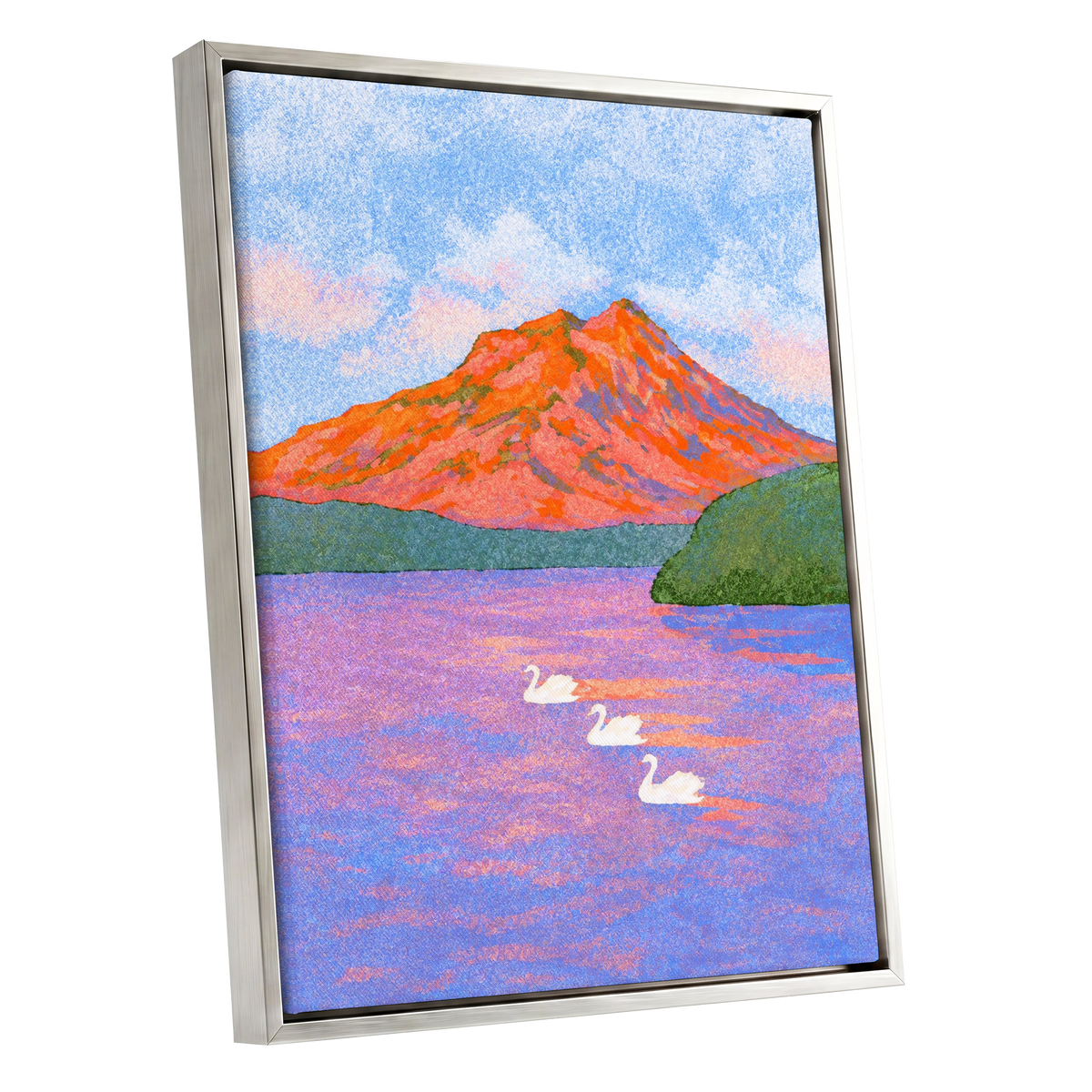 Swans Beneath Coral Peaks, blue, pink, orange nature wall art shown as a silver framed canvas wall art