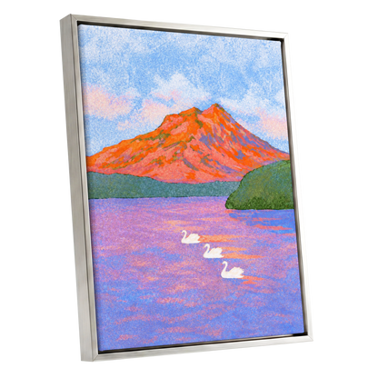 Swans Beneath Coral Peaks, blue, pink, orange nature wall art shown as a silver framed canvas wall art