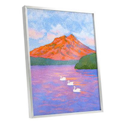 Swans Beneath Coral Peaks, blue, pink, orange nature wall art shown as a silver framed poster wall art print