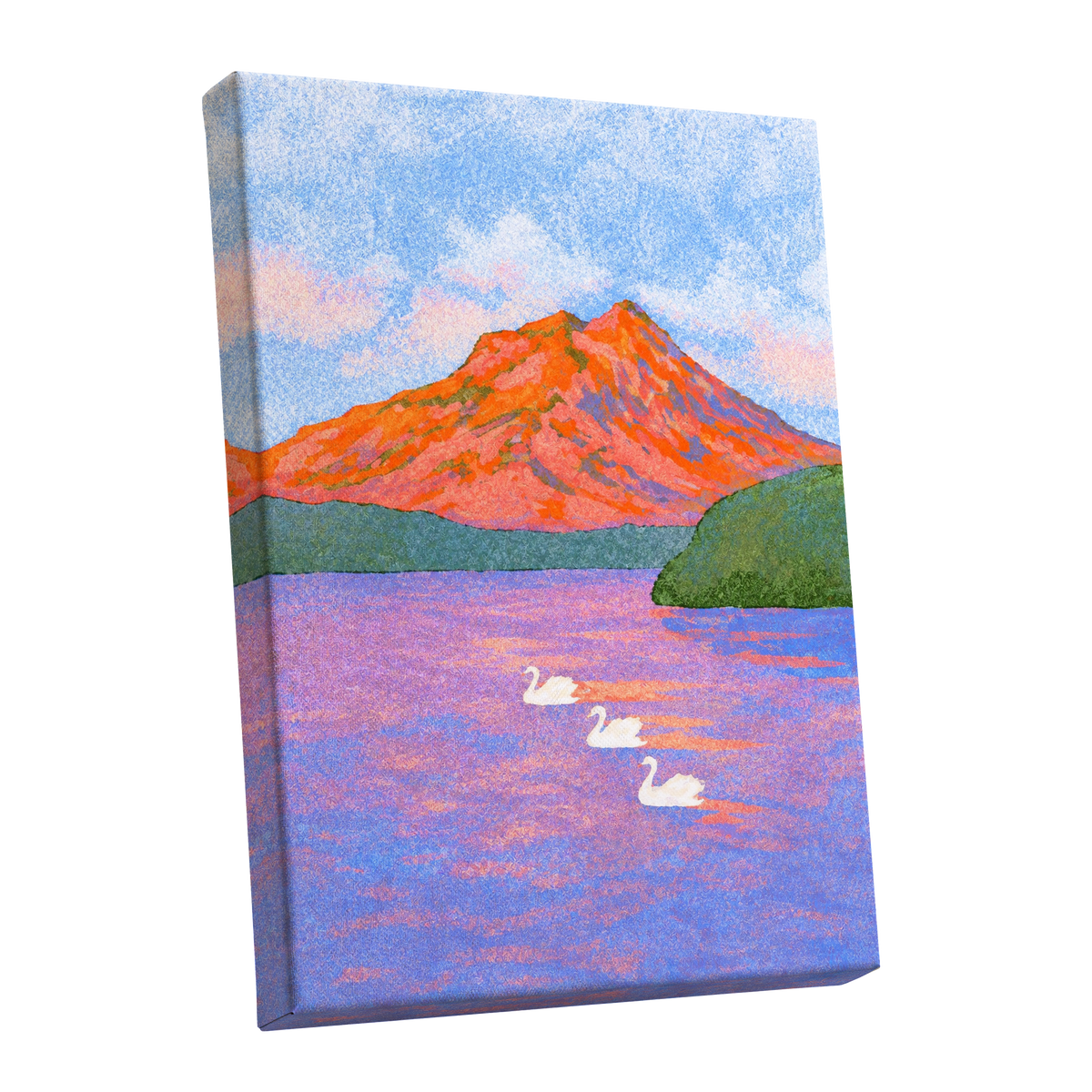 Swans Beneath Coral Peaks, blue, pink, orange nature wall art shown as a stretched canvas wall art