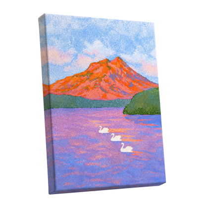 Swans Beneath Coral Peaks, blue, pink, orange nature wall art shown as a stretched canvas wall art