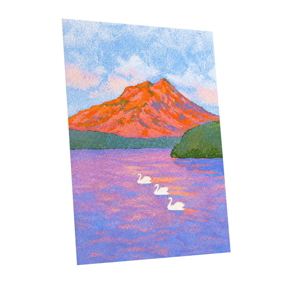 Swans Beneath Coral Peaks, blue, pink, orange nature wall art shown as a unframed poster wall art print