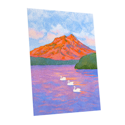 Swans Beneath Coral Peaks, blue, pink, orange nature wall art shown as a unframed poster wall art print