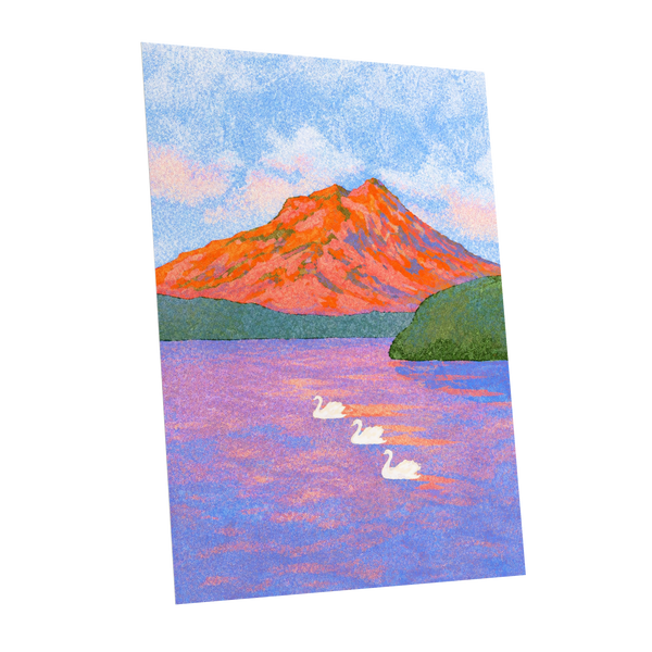 Swans Beneath Coral Peaks, blue, pink, orange nature wall art shown as a unframed poster wall art print