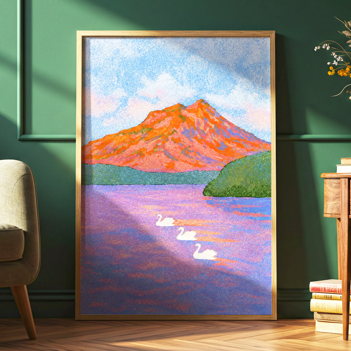 Swans Beneath Coral Peaks, blue, pink, orange nature wall art displayed in a styled interior, gallery view 2