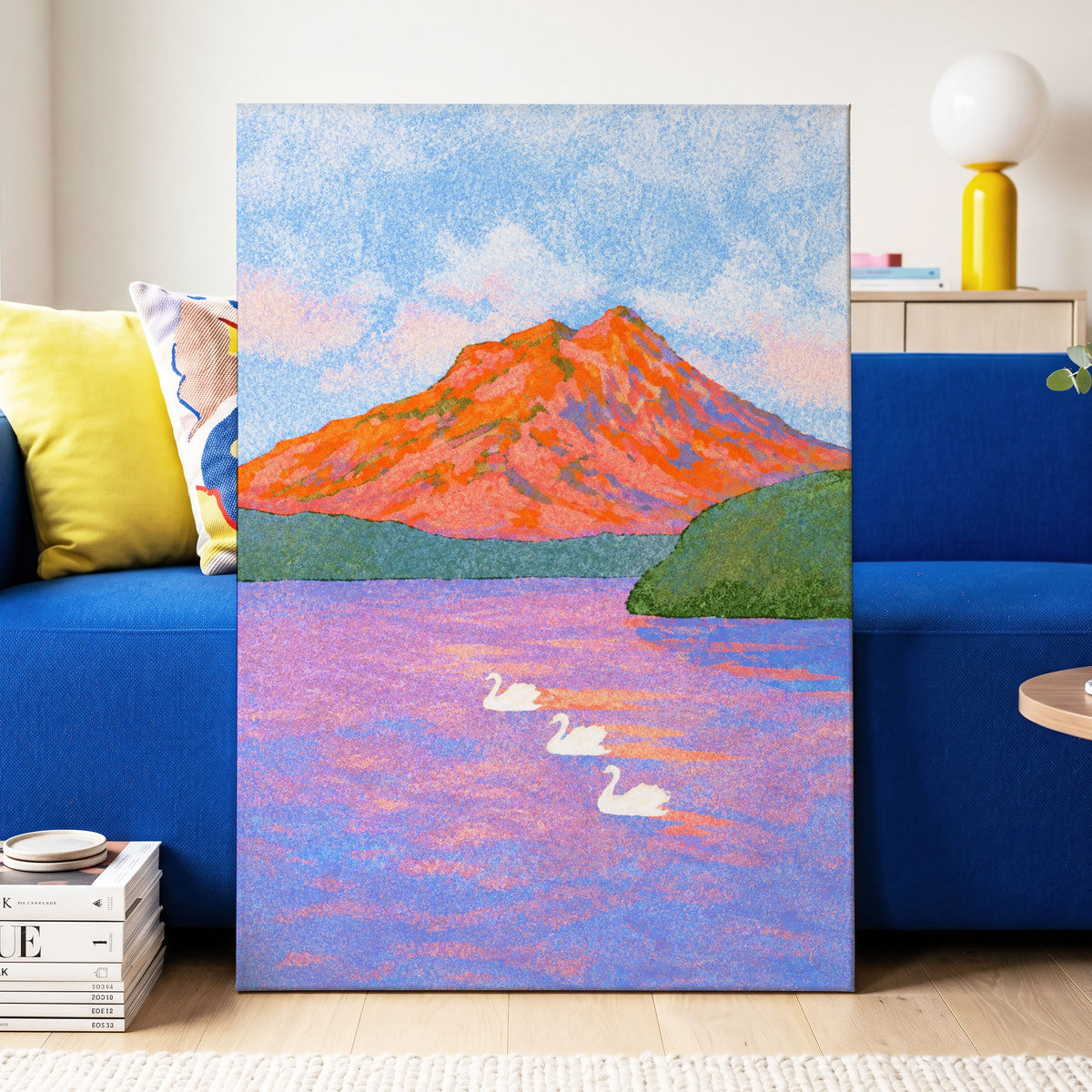 Swans Beneath Coral Peaks, blue, pink, orange nature wall art displayed in a styled interior, gallery view 3