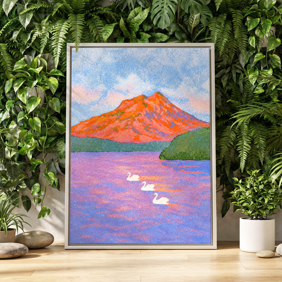 Swans Beneath Coral Peaks, blue, pink, orange nature wall art displayed in a styled interior, gallery view 4