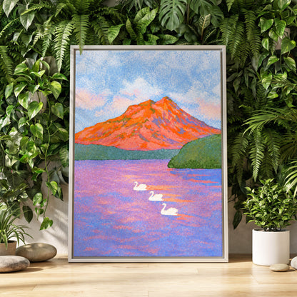 Swans Beneath Coral Peaks, blue, pink, orange nature wall art displayed in a styled interior, gallery view 4