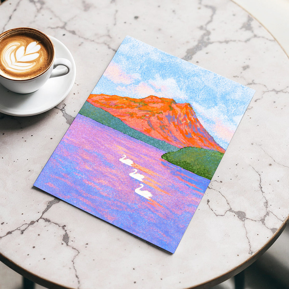 Swans Beneath Coral Peaks, blue, pink, orange nature wall art displayed in a styled interior, gallery view 5