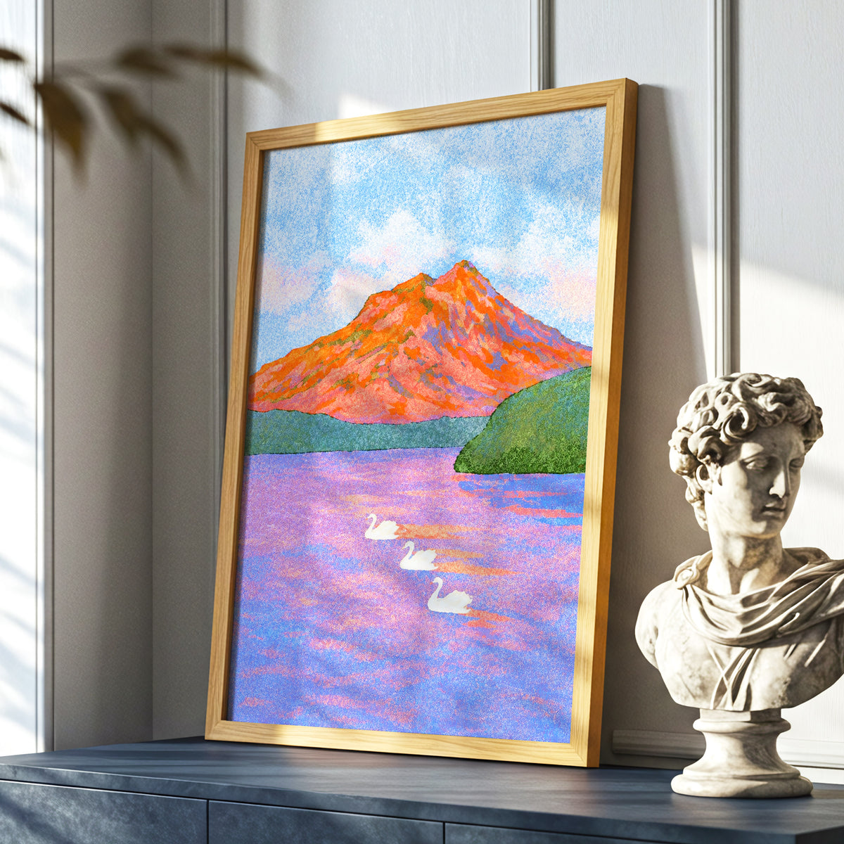 Swans Beneath Coral Peaks, blue, pink, orange nature wall art displayed in a styled interior, gallery view 6