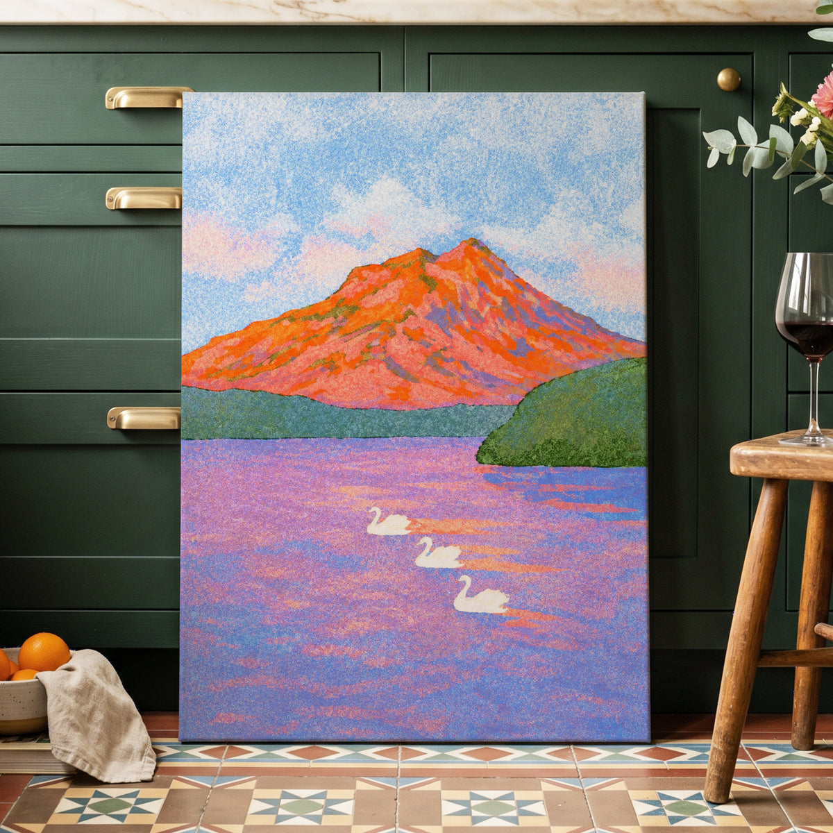 Swans Beneath Coral Peaks, blue, pink, orange nature wall art displayed in a styled interior, gallery view 7