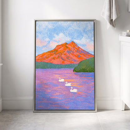 Swans Beneath Coral Peaks, blue, pink, orange nature wall art displayed in a styled interior, gallery view 8
