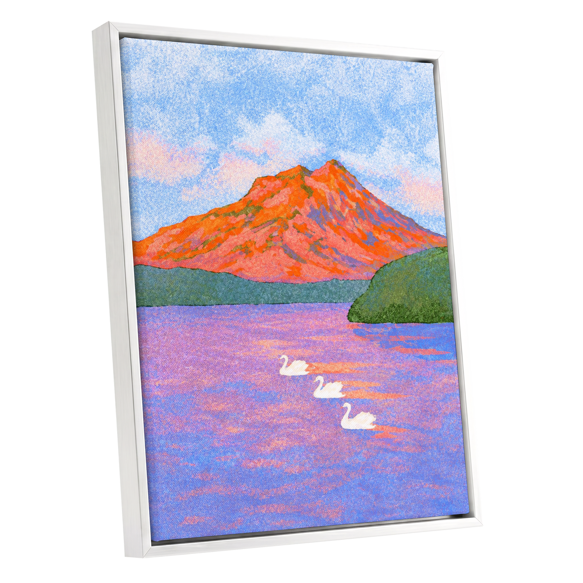 Swans Beneath Coral Peaks, blue, pink, orange nature wall art shown as a white framed canvas wall art