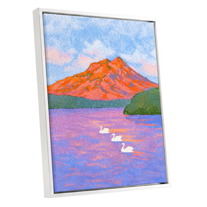 Swans Beneath Coral Peaks, blue, pink, orange nature wall art shown as a white framed canvas wall art