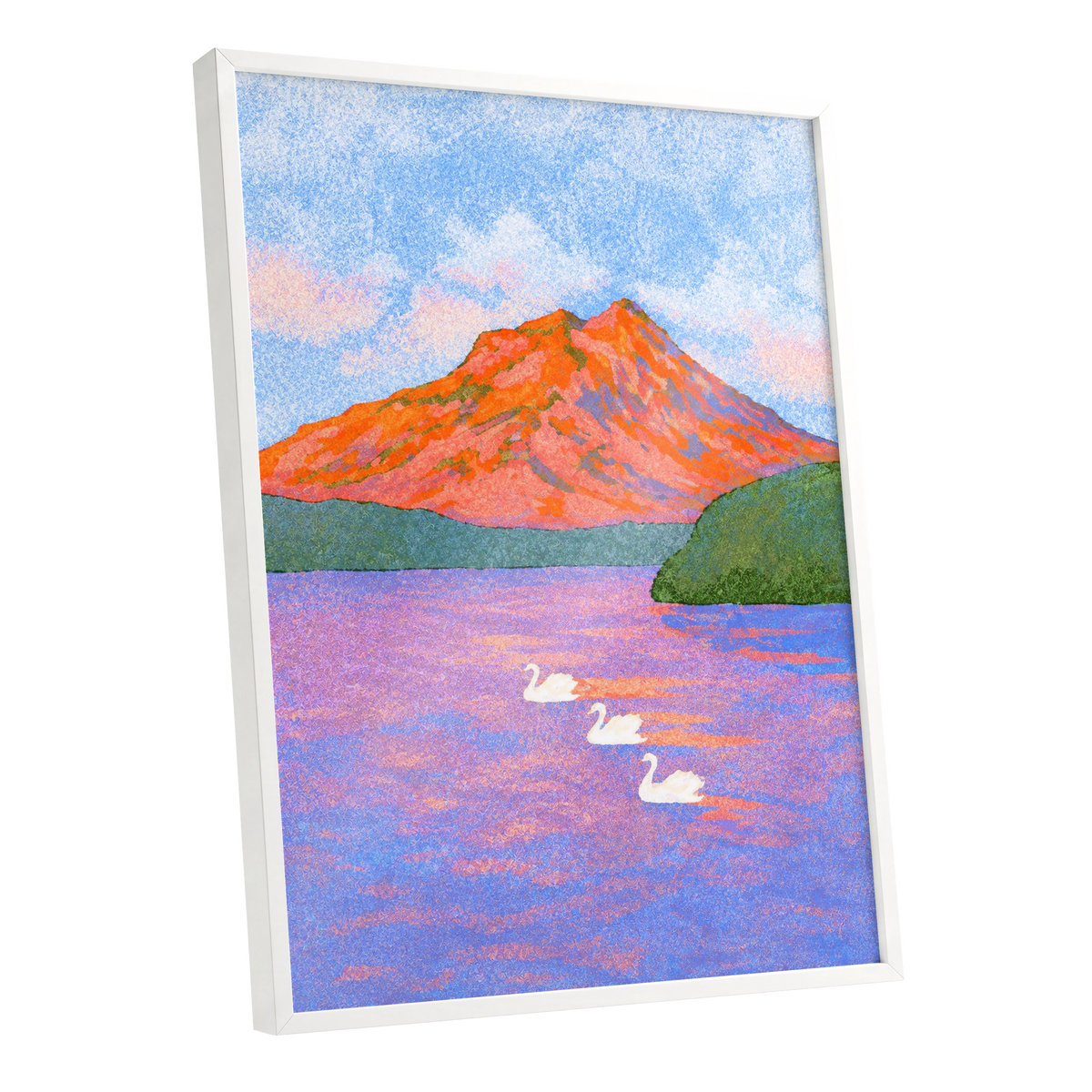 Swans Beneath Coral Peaks, blue, pink, orange nature wall art shown as a white framed poster wall art print