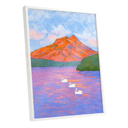 Swans Beneath Coral Peaks, blue, pink, orange nature wall art shown as a white framed poster wall art print