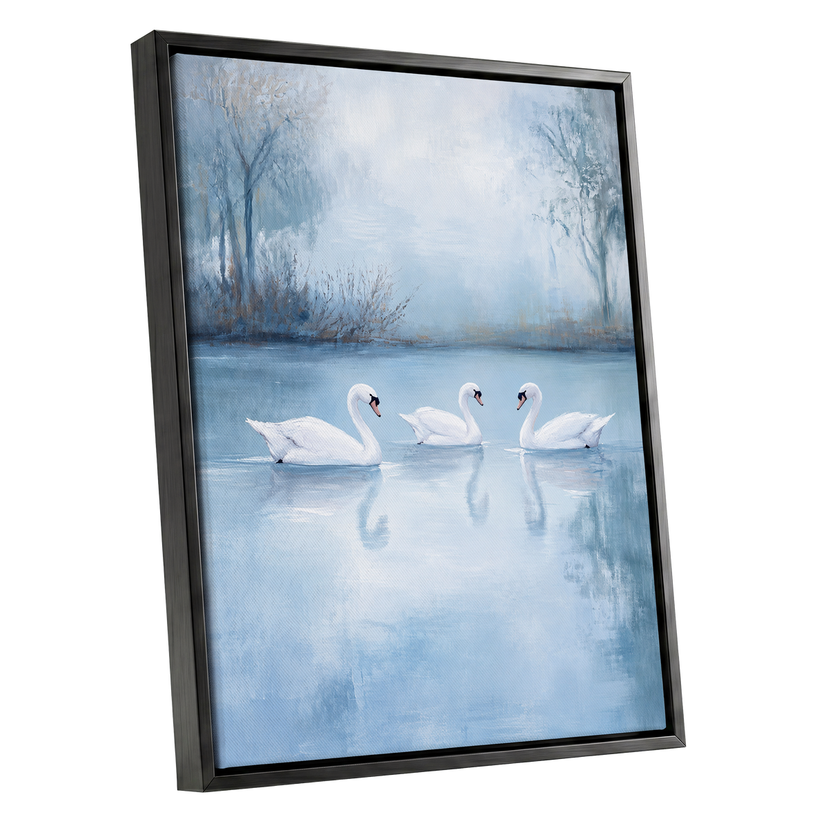 Swans in the Blue Stillness, blue, white, gray nature wall art shown as a black framed canvas wall art