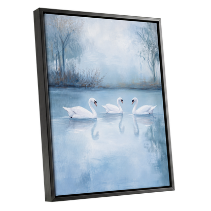 Swans in the Blue Stillness, blue, white, gray nature wall art shown as a black framed canvas wall art