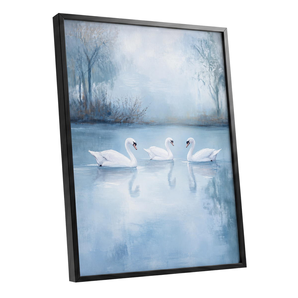 Swans in the Blue Stillness, blue, white, gray nature wall art shown as a black framed poster wall art print