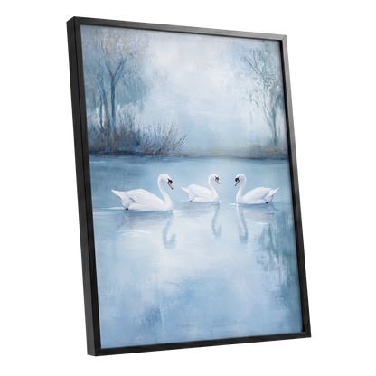 Swans in the Blue Stillness, blue, white, gray nature wall art shown as a black framed poster wall art print