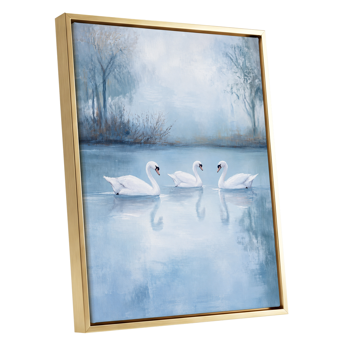 Swans in the Blue Stillness, blue, white, gray nature wall art shown as a gold framed canvas wall art