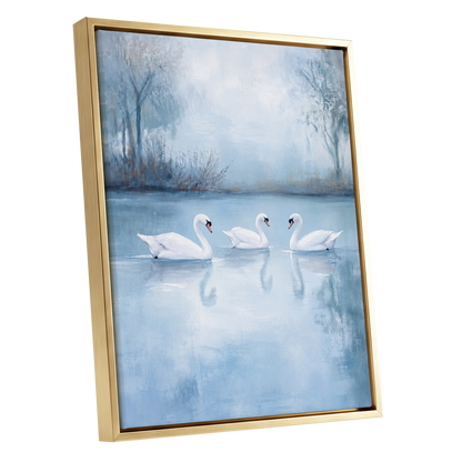 Swans in the Blue Stillness, blue, white, gray nature wall art shown as a gold framed canvas wall art