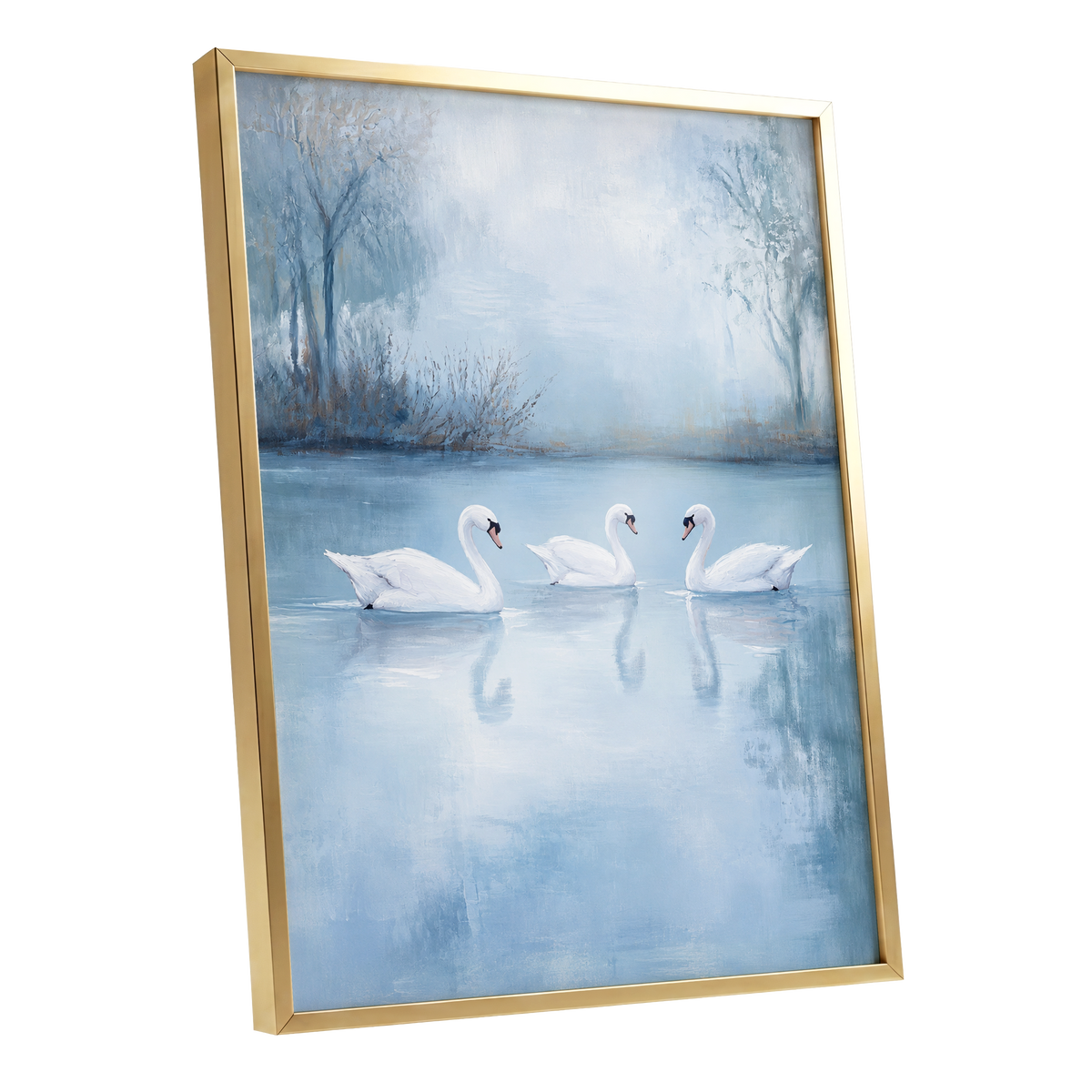 Swans in the Blue Stillness, blue, white, gray nature wall art shown as a gold framed poster wall art print
