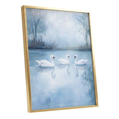 Swans in the Blue Stillness, blue, white, gray nature wall art shown as a gold framed poster wall art print