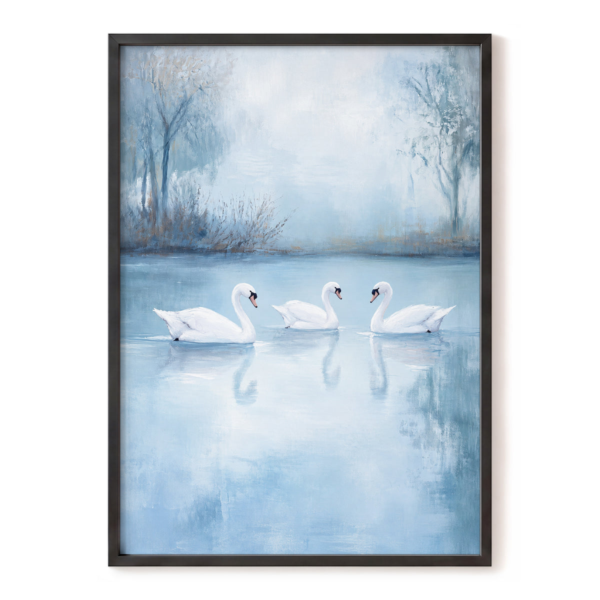 Swans in the Blue Stillness, blue, white, gray nature wall art, front artwork view