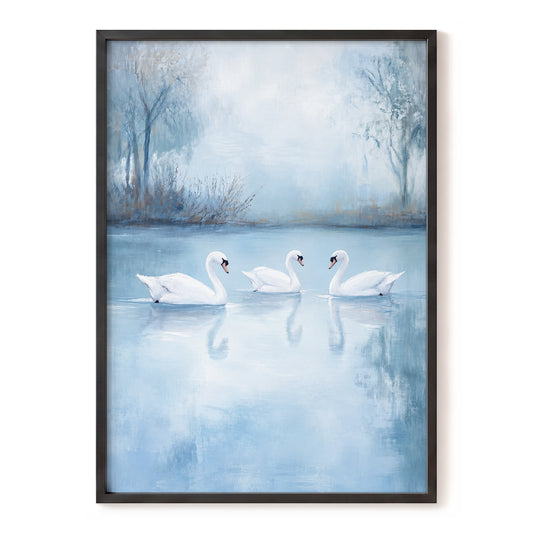 Swans in the Blue Stillness, blue, white, gray nature wall art, front artwork view