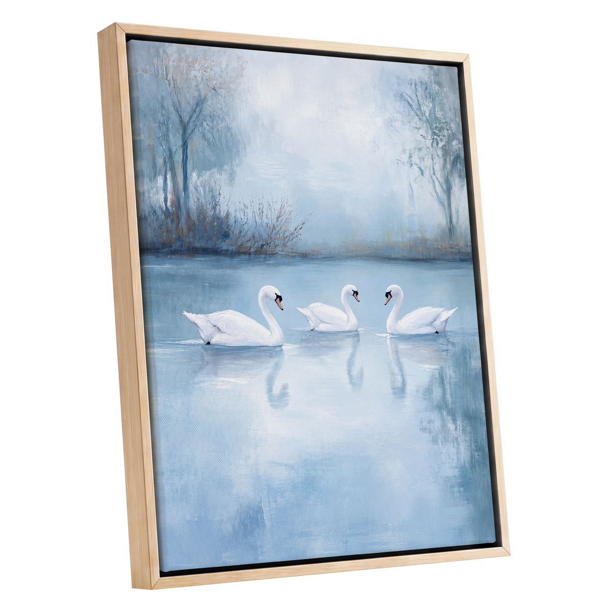 Swans in the Blue Stillness, blue, white, gray nature wall art shown as a oak framed canvas wall art