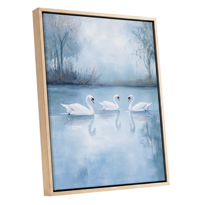 Swans in the Blue Stillness, blue, white, gray nature wall art shown as a oak framed canvas wall art