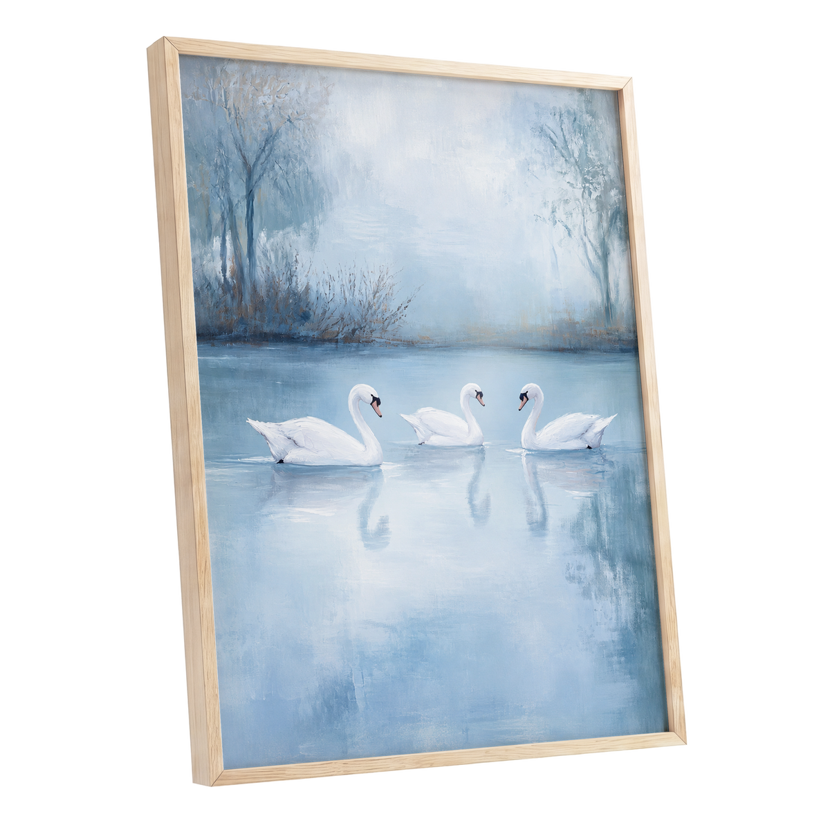 Swans in the Blue Stillness, blue, white, gray nature wall art shown as a oak framed poster wall art print