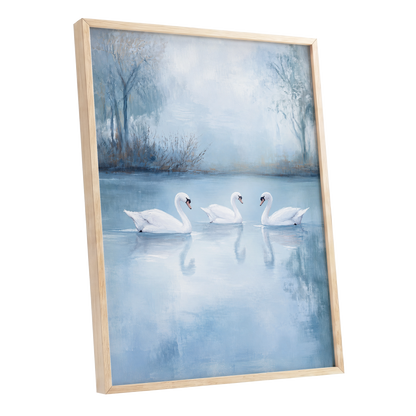 Swans in the Blue Stillness, blue, white, gray nature wall art shown as a oak framed poster wall art print