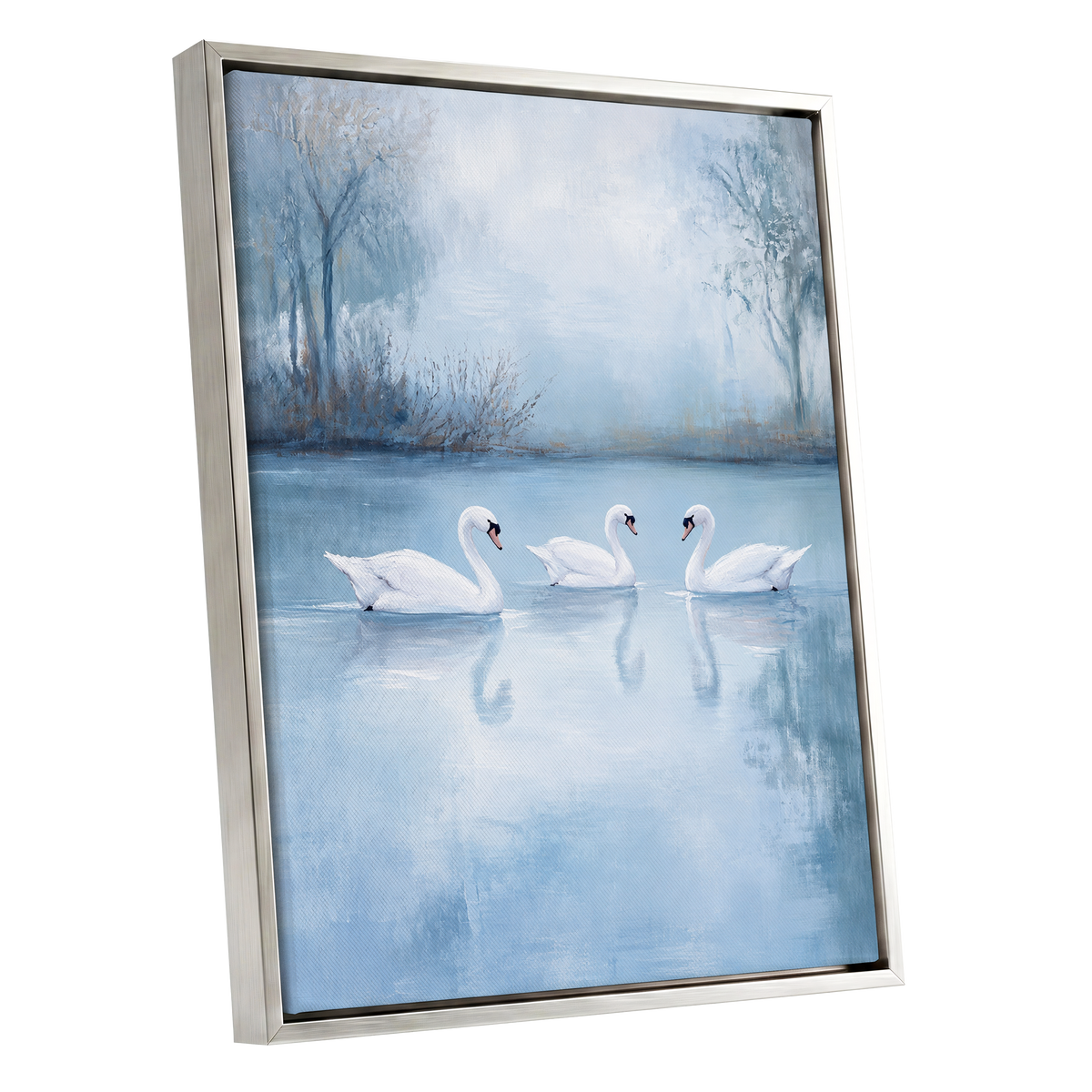 Swans in the Blue Stillness, blue, white, gray nature wall art shown as a silver framed canvas wall art