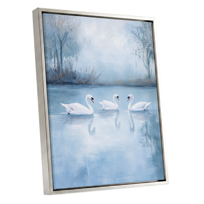 Swans in the Blue Stillness, blue, white, gray nature wall art shown as a silver framed canvas wall art