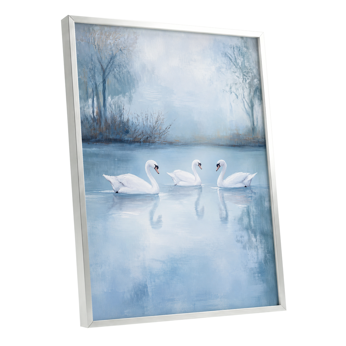 Swans in the Blue Stillness, blue, white, gray nature wall art shown as a silver framed poster wall art print