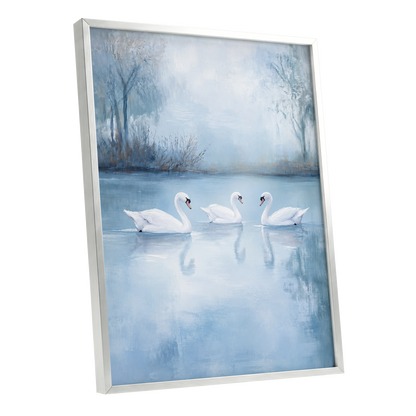 Swans in the Blue Stillness, blue, white, gray nature wall art shown as a silver framed poster wall art print