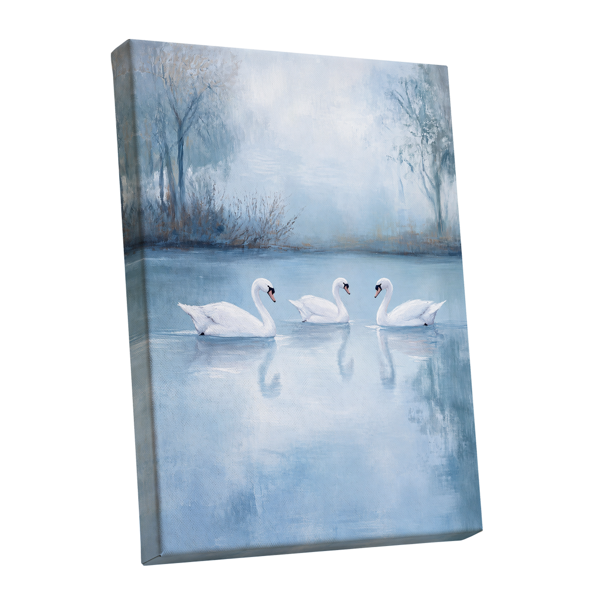 Swans in the Blue Stillness, blue, white, gray nature wall art shown as a stretched canvas wall art