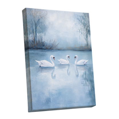 Swans in the Blue Stillness, blue, white, gray nature wall art shown as a stretched canvas wall art